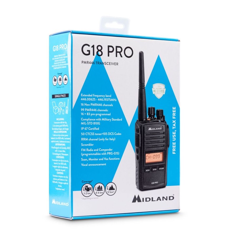 RADIO PMR MIDLAND G18 PRO IP67 Vox  scramble 1600mAh Li-Io 2-pin Motorola