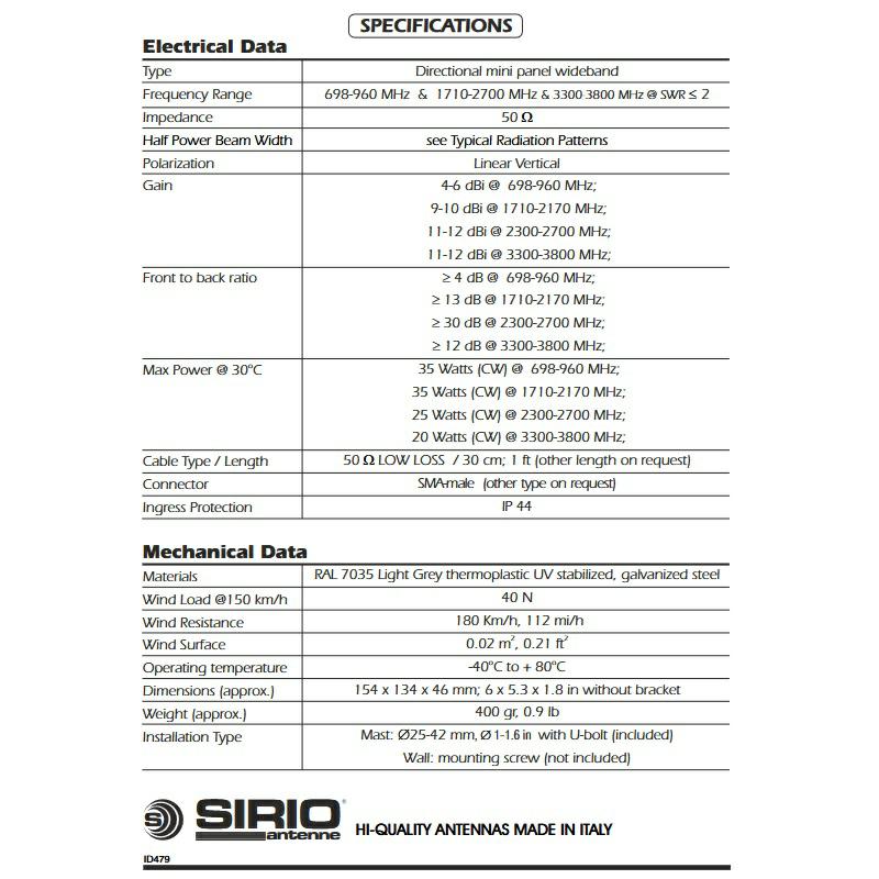 ANTENA LTE SMP-5G  PANELOWA 698-960 MHz  & 1710-3800 MHz  SMA-M kabel=30cm