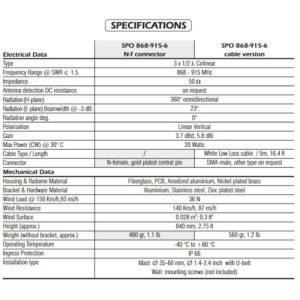 ANTENA BAZOWA UHF SPO 868-915 MHz 6dBi  20W N-F 84cm